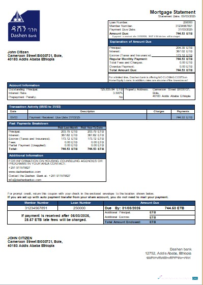 Download Ethiopia Dashen bank mortgage statement scr Photoshop template